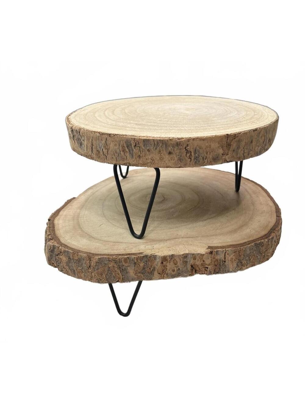 Set of 2 Rustic Wood Pedestals with Metal Hairpin Legs Boho Farmhouse Display